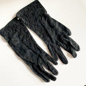 Vintage Deadstock Black Stretchy Beaded Black Wrist Gloves Fine Quality 7
